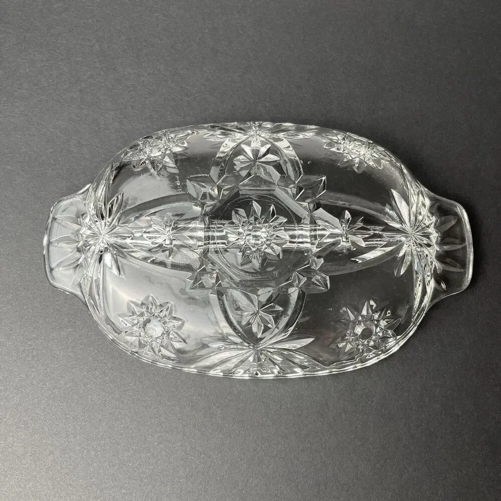 Vtg Anchor Hocking Glass Oval Divided Relish Dish Star of David Tablescape Decor